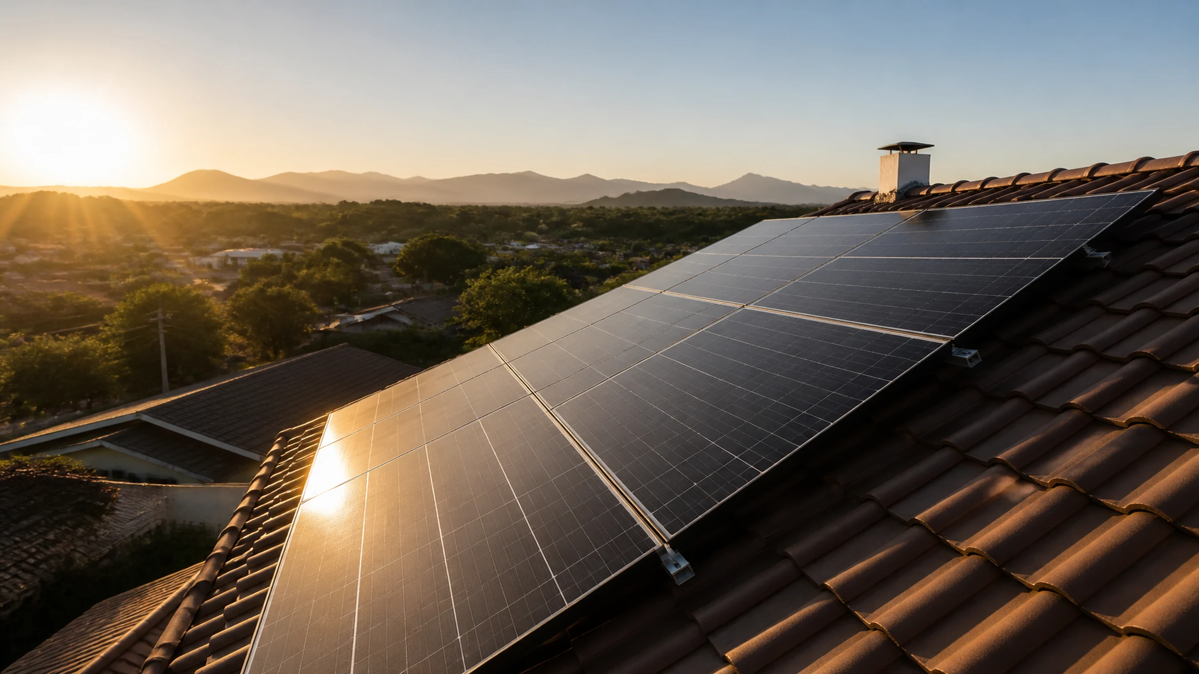 Painéis solares com o sol ao fundo